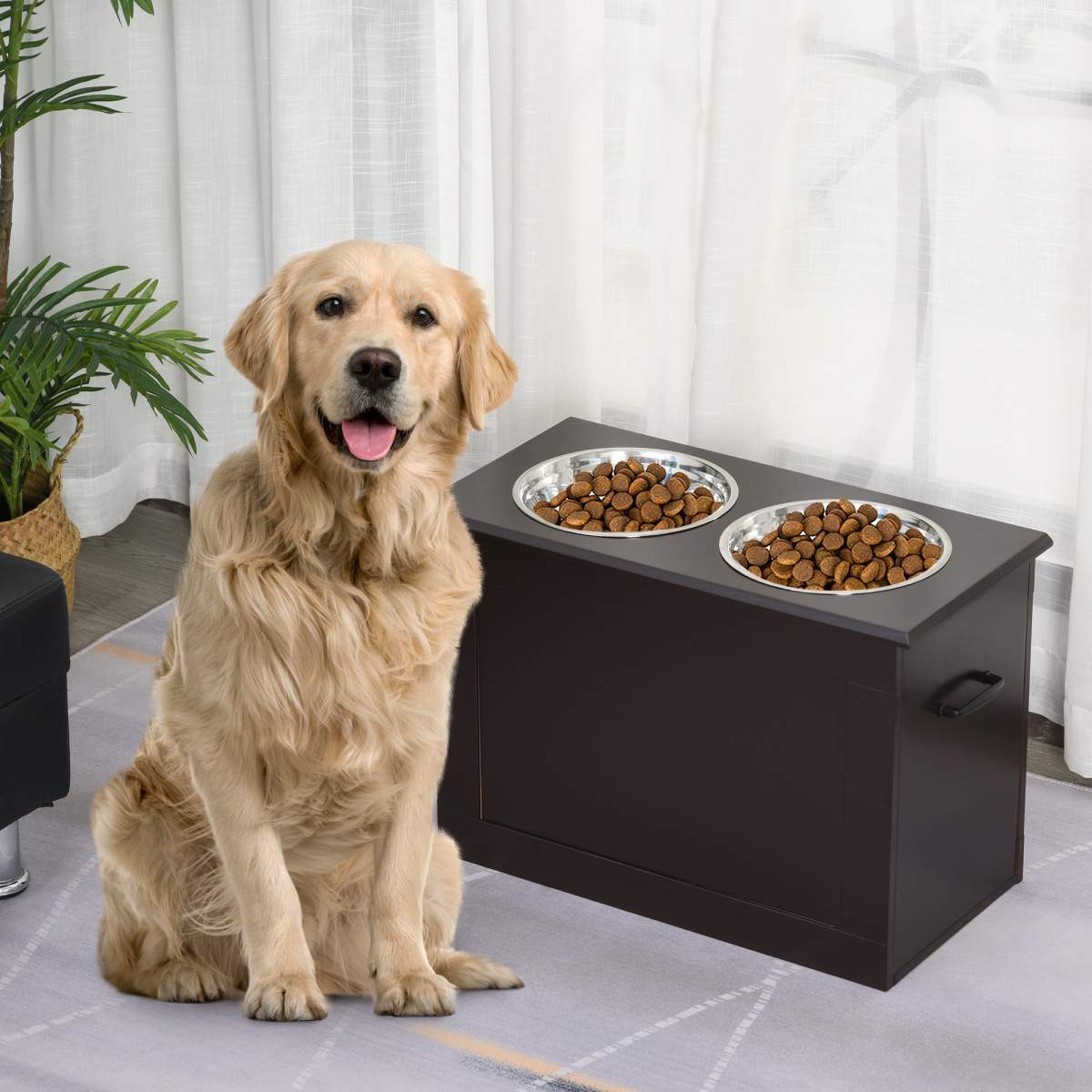 Raised Pet Feeding Storage Station with 2 Stainless Steel Bowls Base for Large Dogs and Other Large Pets, Coffee - Image 4
