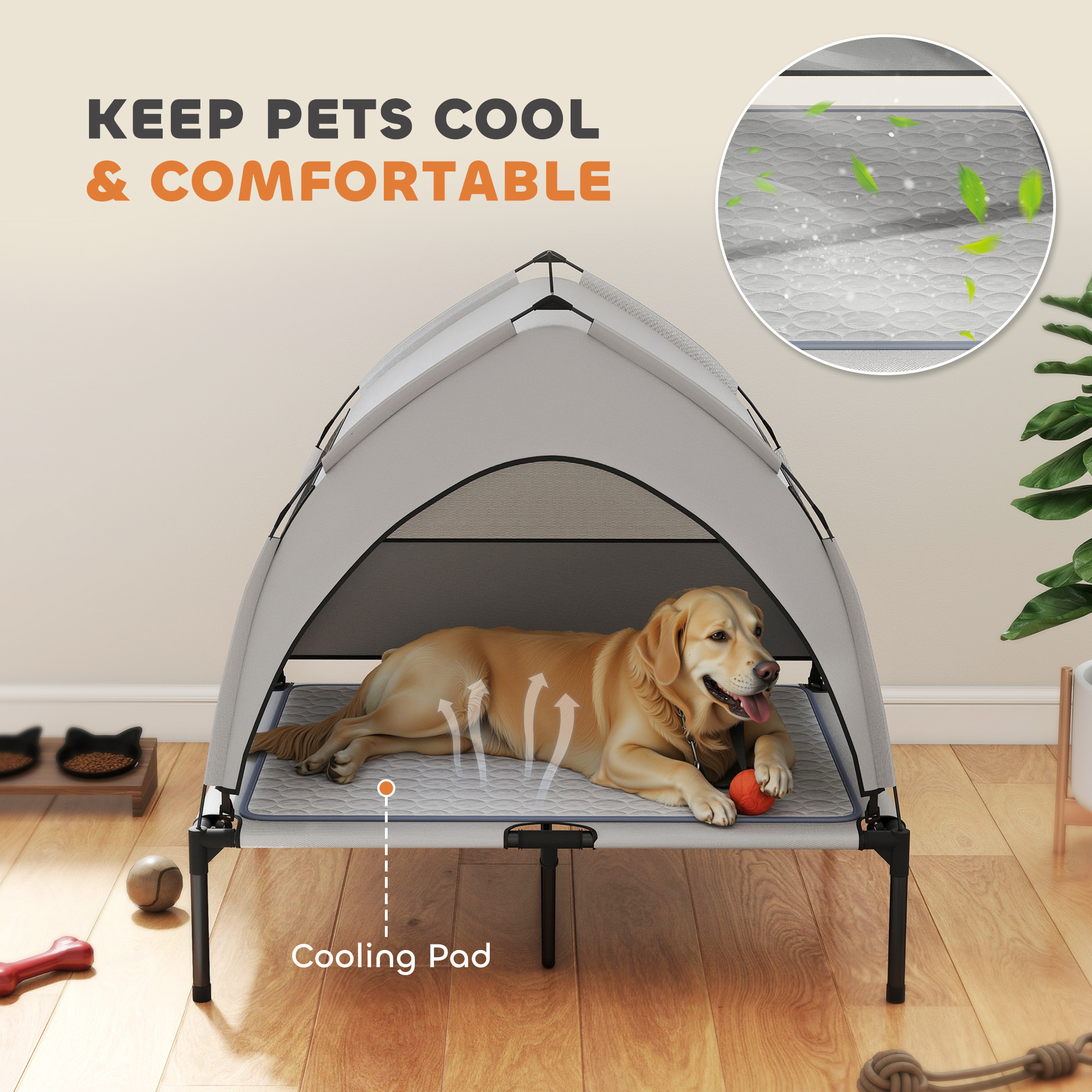 Elevated Dog Bed with Removable Canopy, Portable Outside Raised Pet Cot with Cooling Pad, Storage Bag, 36" x 29.5" x 35" - Image 7