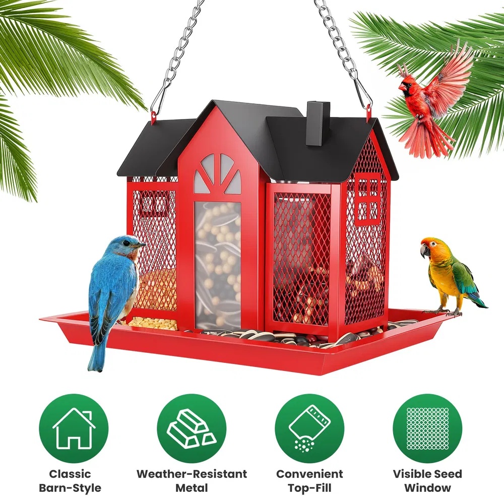 Metal Hanging Bird Feeder House Classic Barn Bird Feeder House Iron Hanging Outdoor Feeder With Visible Window And Lift Top Lid 15.75in Hanging Length Wild Birds Garden Yard Red&White - Image 7