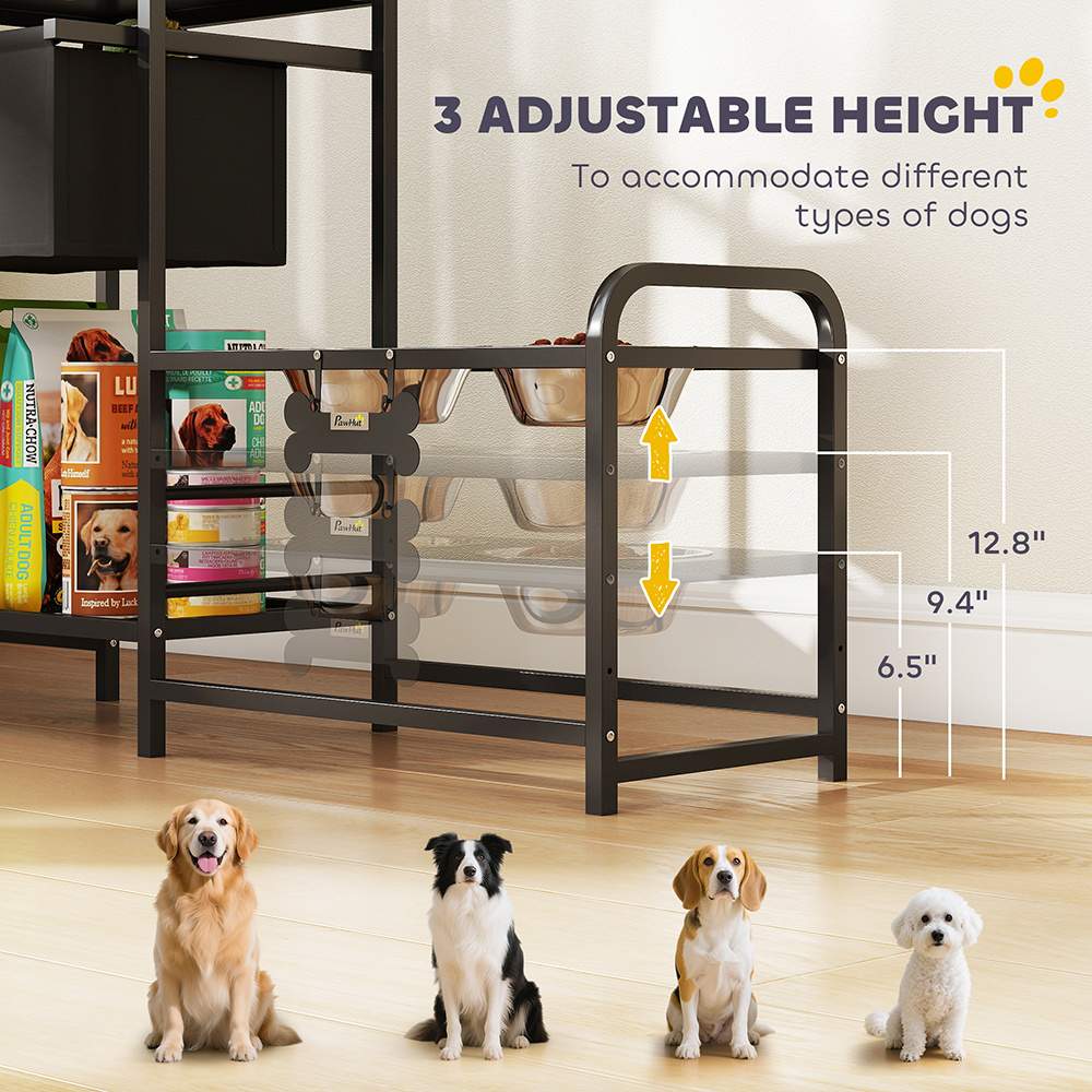 3 Height Adjustable Dog Bowl Stand Oxford Fabric With Features Four Bowls, Toy Bin Basket - Image 9