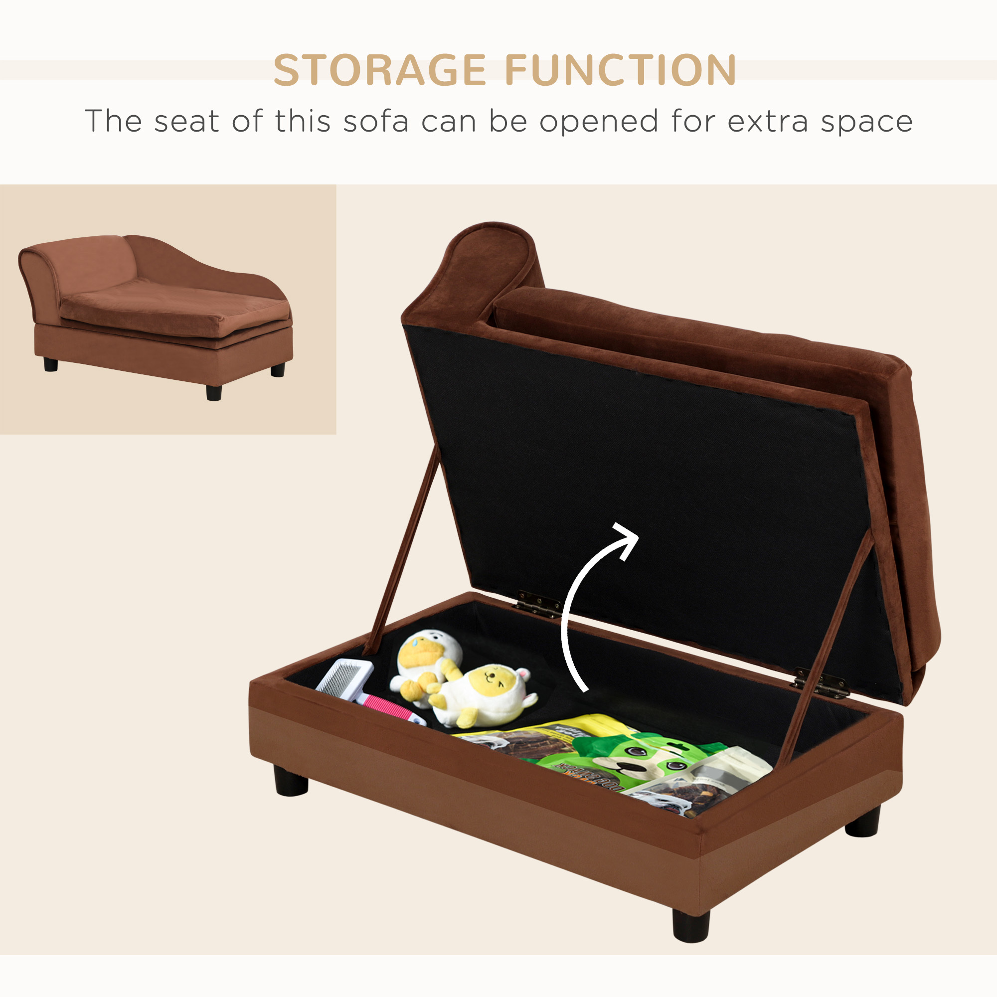 Pet Sofa Bed Couch with Storage, Pet Sofa for Cats and Small Dogs, Brown - Image 7
