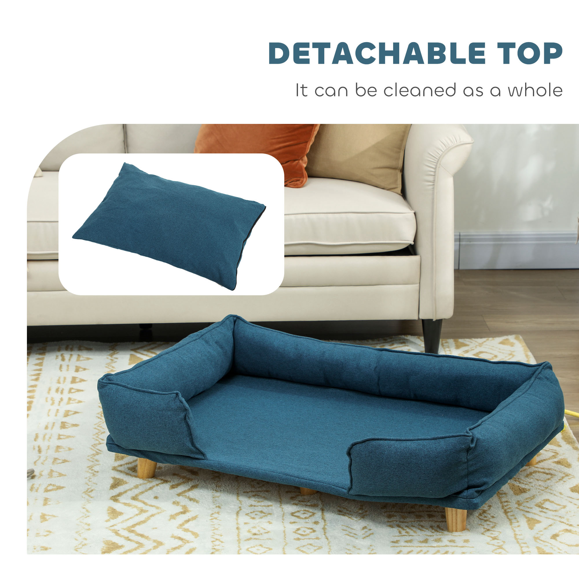 Raised Dog Couch with Comfortable Cushion, Pine Wood Legs, Foot Pads for Large-Sized Dogs Indoor Use, Dark Blue - Image 6