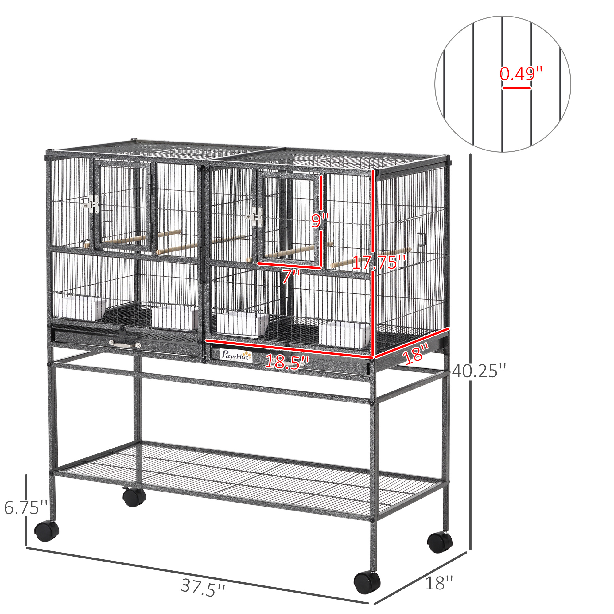 Divided Breeder Bird Cage with Rolling Stand Removable Metal Tray, Storage Shelf, Wood Perch, and Food Container - Image 4