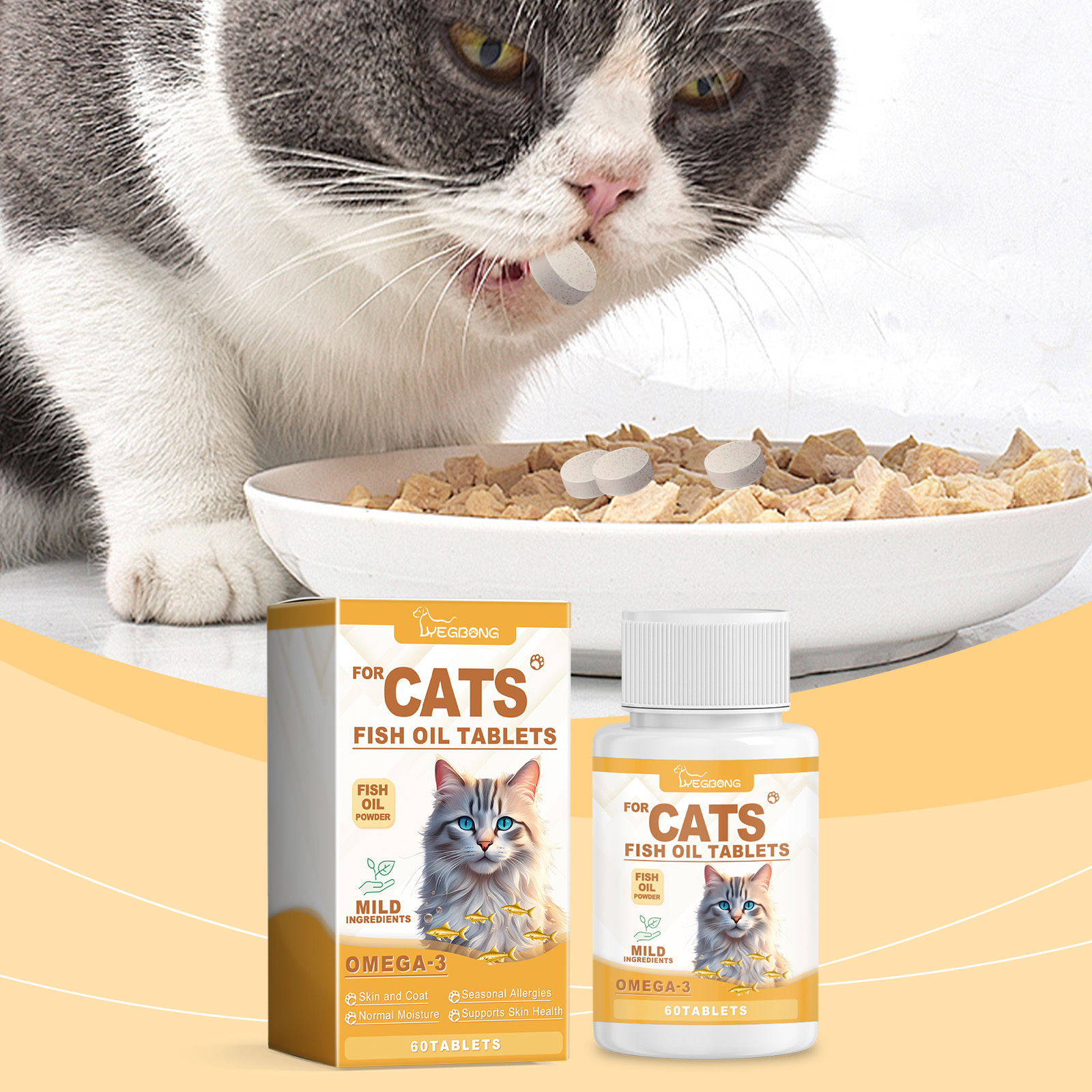 Cat 3 Fish Oil Tablets, Multivitamin Skin & Coat Supplement For Cats, Support Immune, Heart & Bone Health, 60 Chewable Tablets - Image 2