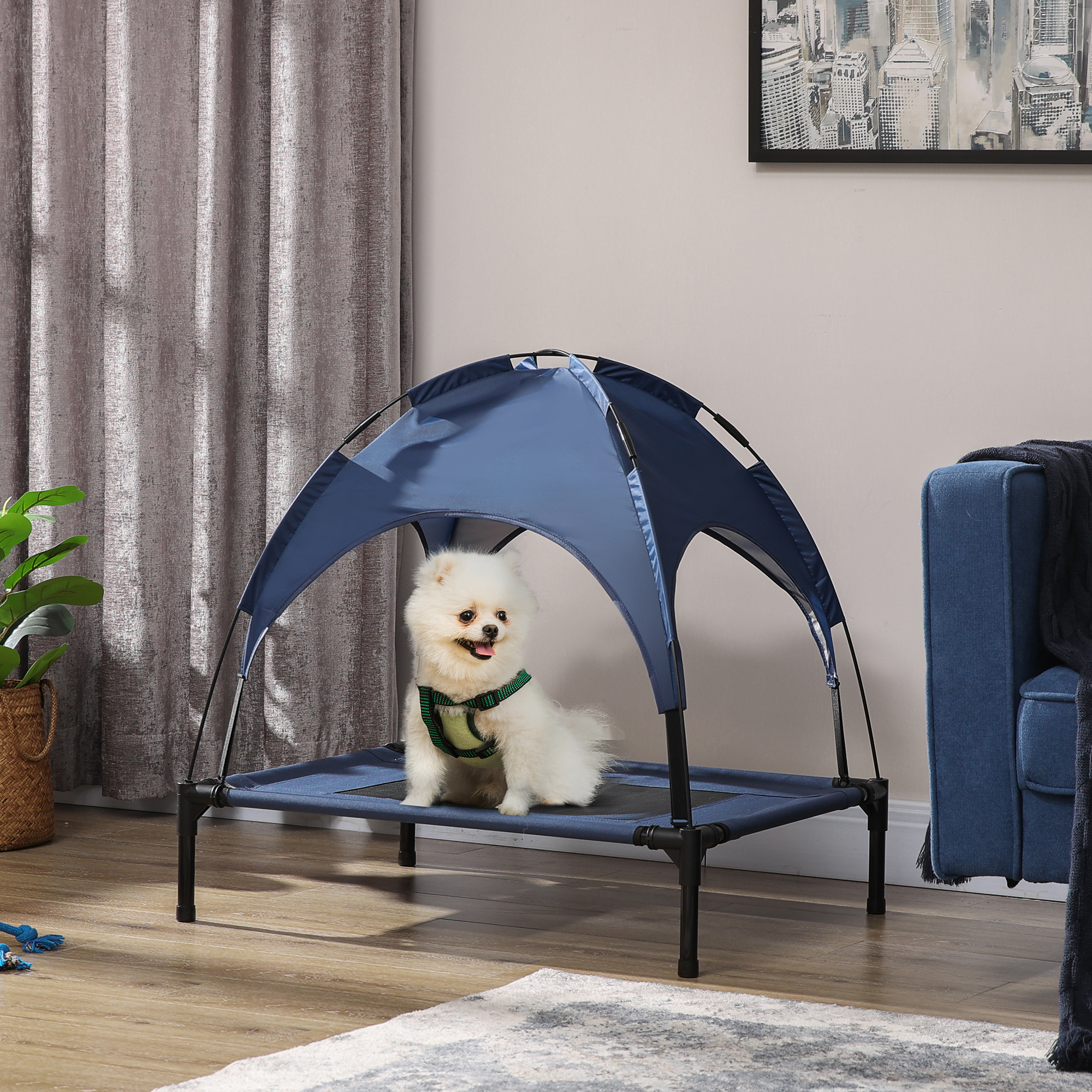 Elevated Portable Dog Cot Pet Bed with UV Protection Canopy Shade, 30 inch, Dark Blue - Image 2