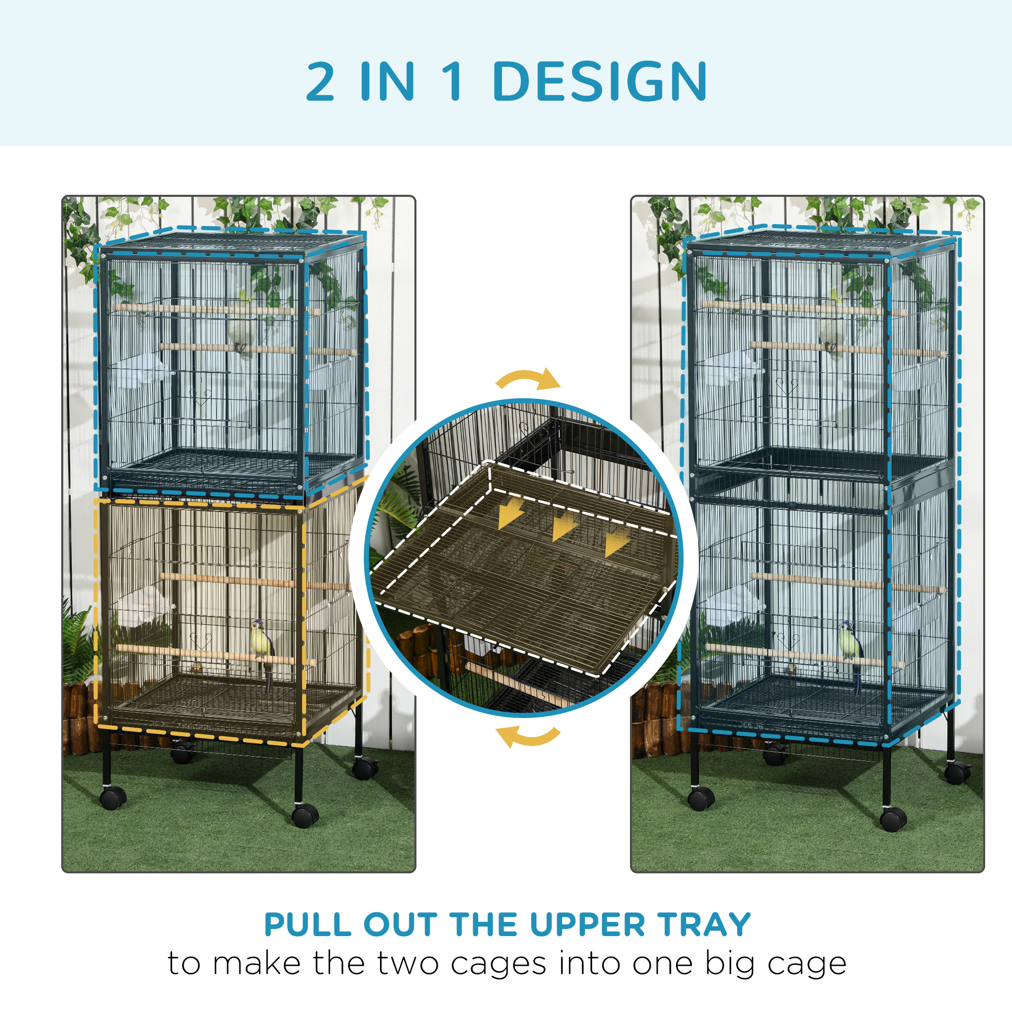55" 2 In 1 Bird Cage Aviary Parakeet House for finches, budgies with Wheels, Black - Image 4