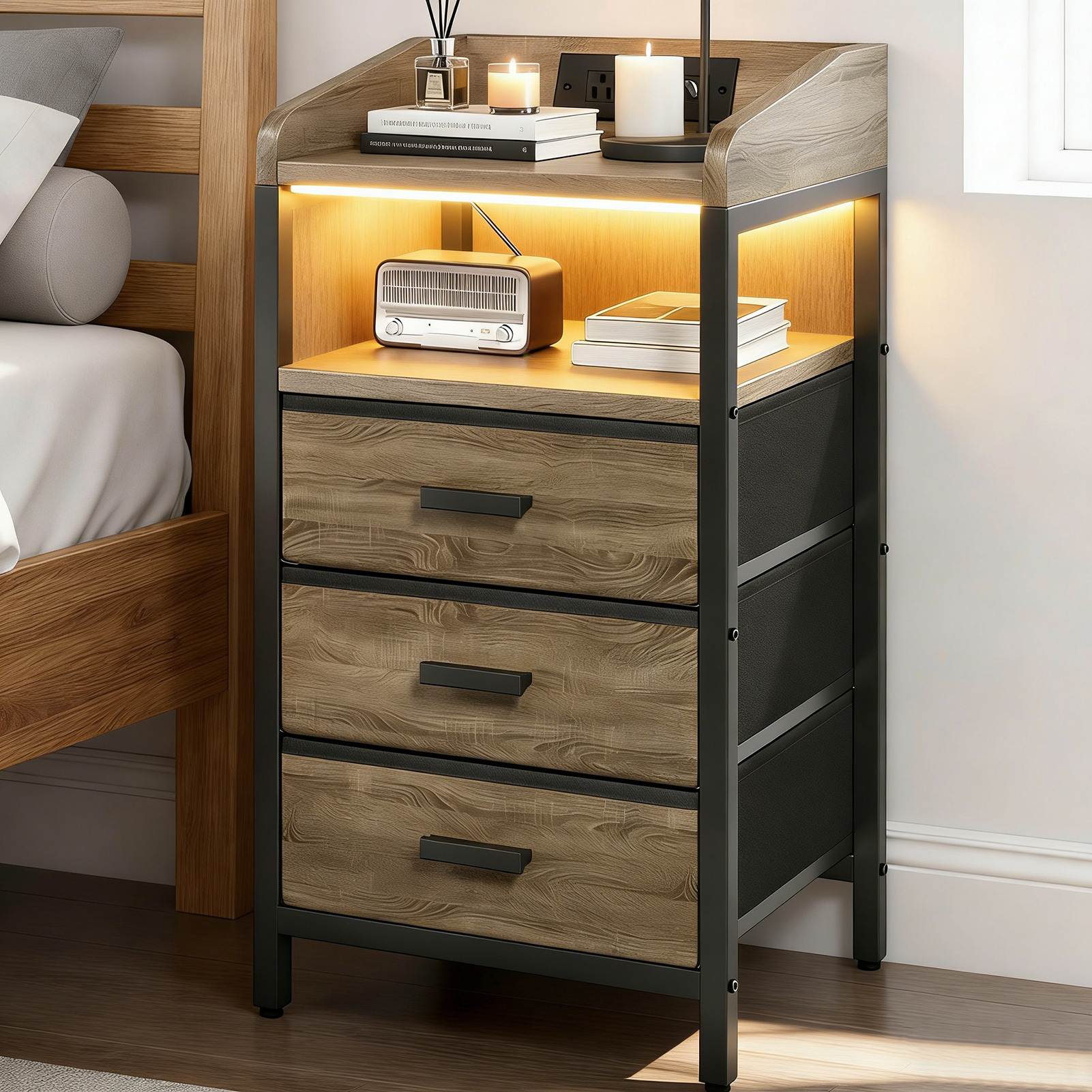 2 Pack Night Stand With Charging Station And Light Bedside End Table With 3 Fabric Drawers 2 USB Ports And Outlets For Bedroom - Image 10