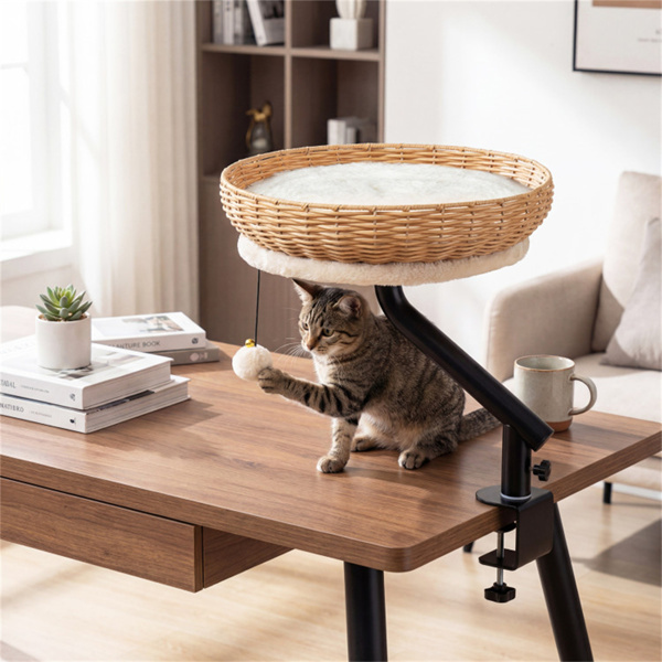360 Rotatable Desktop Cat Bed Perch, 2-in-1 Workspace Cat Retreat With Jingling Ball Natural Black White - Image 5