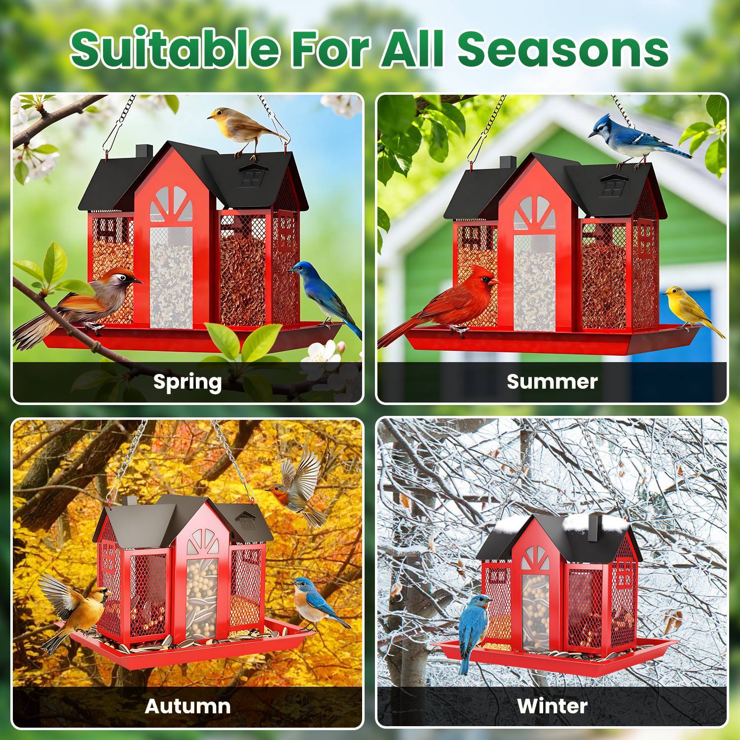 1Pc Metal Hanging Bird Feeder House Classic Barn Bird Feeder House Iron Hanging Outdoor Feeder With Visible Window And Lift Top Lid 15.75in Hanging Length Wild Birds Garden Yard - Image 7