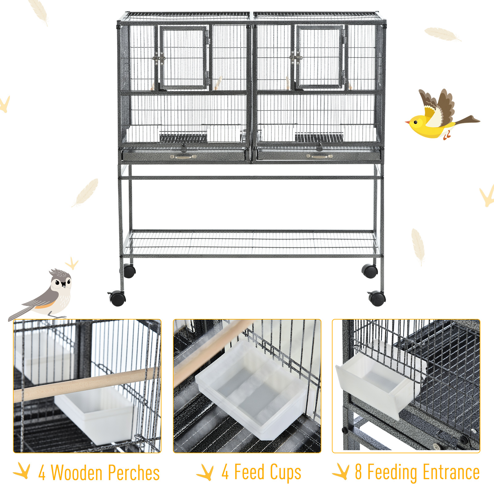 Divided Breeder Bird Cage with Rolling Stand Removable Metal Tray, Storage Shelf, Wood Perch, and Food Container - Image 5