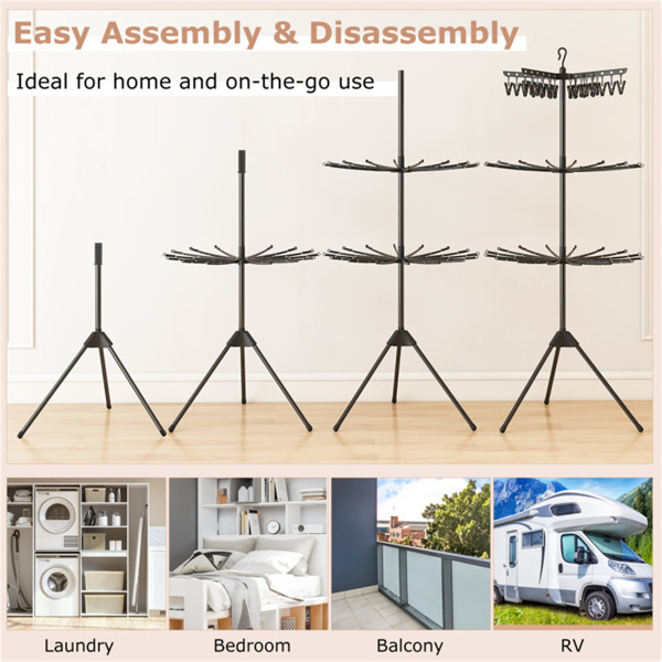 3-Tier Foldable Tripod Clothes Drying Rack With 24 Clips & 32 Rods, 70 Space Saving Laundry Dryer - Image 2