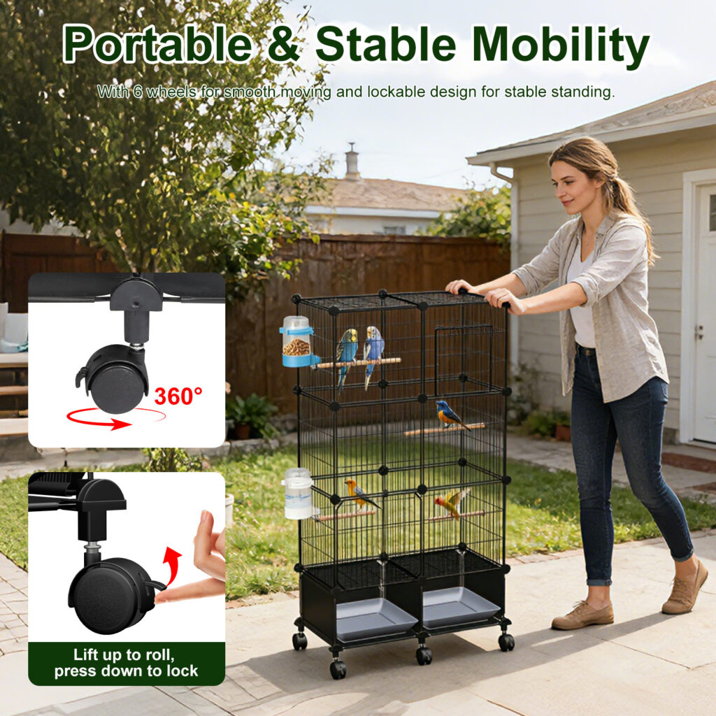 1Pc 46in Bird Cage Spacious Indoor Pet Bird House With 4 Wooden Perches 2 Slide-Out Tray 2 Water Bottle Feeder Lockable Wheels For Parrot Parakeets Cockatiel Lovebird Small Mid-Sized Birds