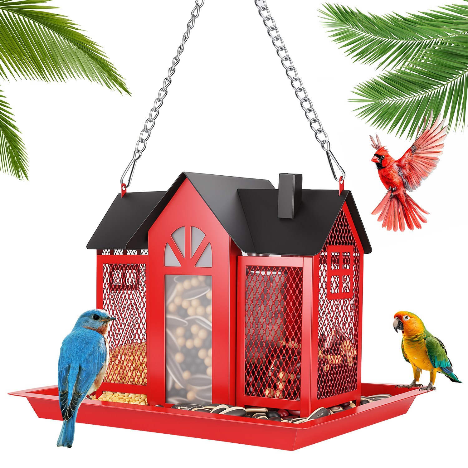 1Pc Metal Hanging Bird Feeder House Classic Barn Bird Feeder House Iron Hanging Outdoor Feeder With Visible Window And Lift Top Lid 15.75in Hanging Length Wild Birds Garden Yard - Image 8
