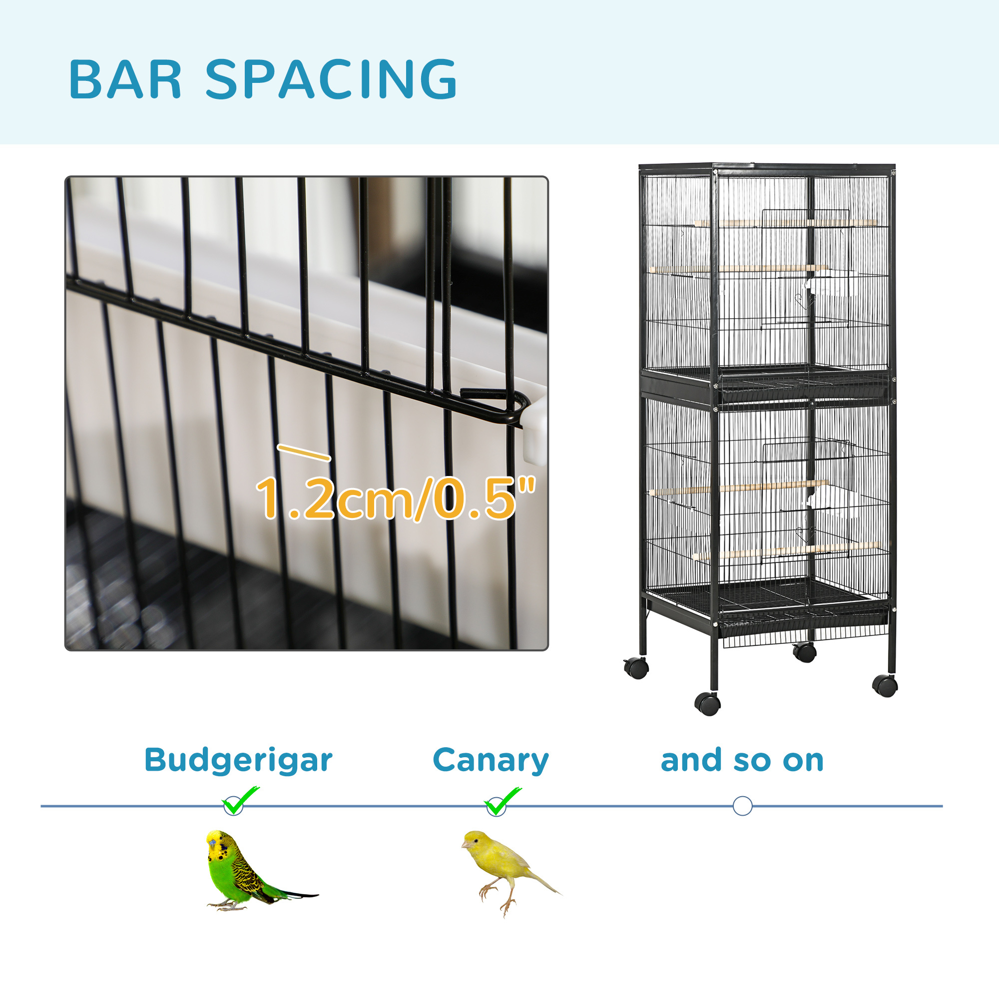 55" 2 In 1 Bird Cage Aviary Parakeet House for finches, budgies with Wheels, Black - Image 6