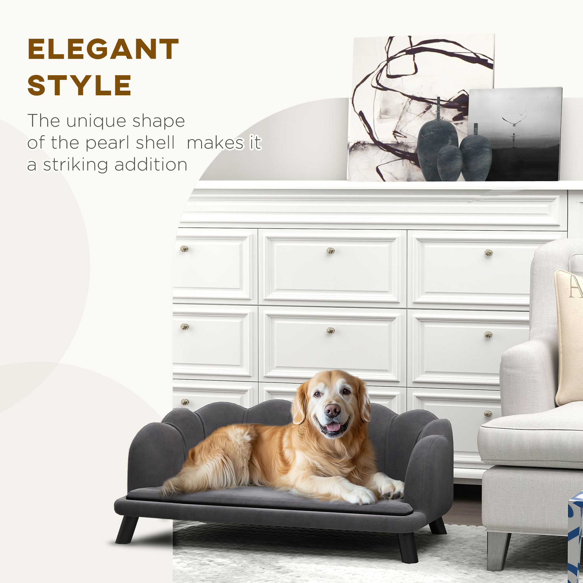Pearl Design Pet Sofa for Medium and Large Sized Dogs, Pet Bed with Cushion and Solid Wood Legs, Charcoal Gray - Image 2