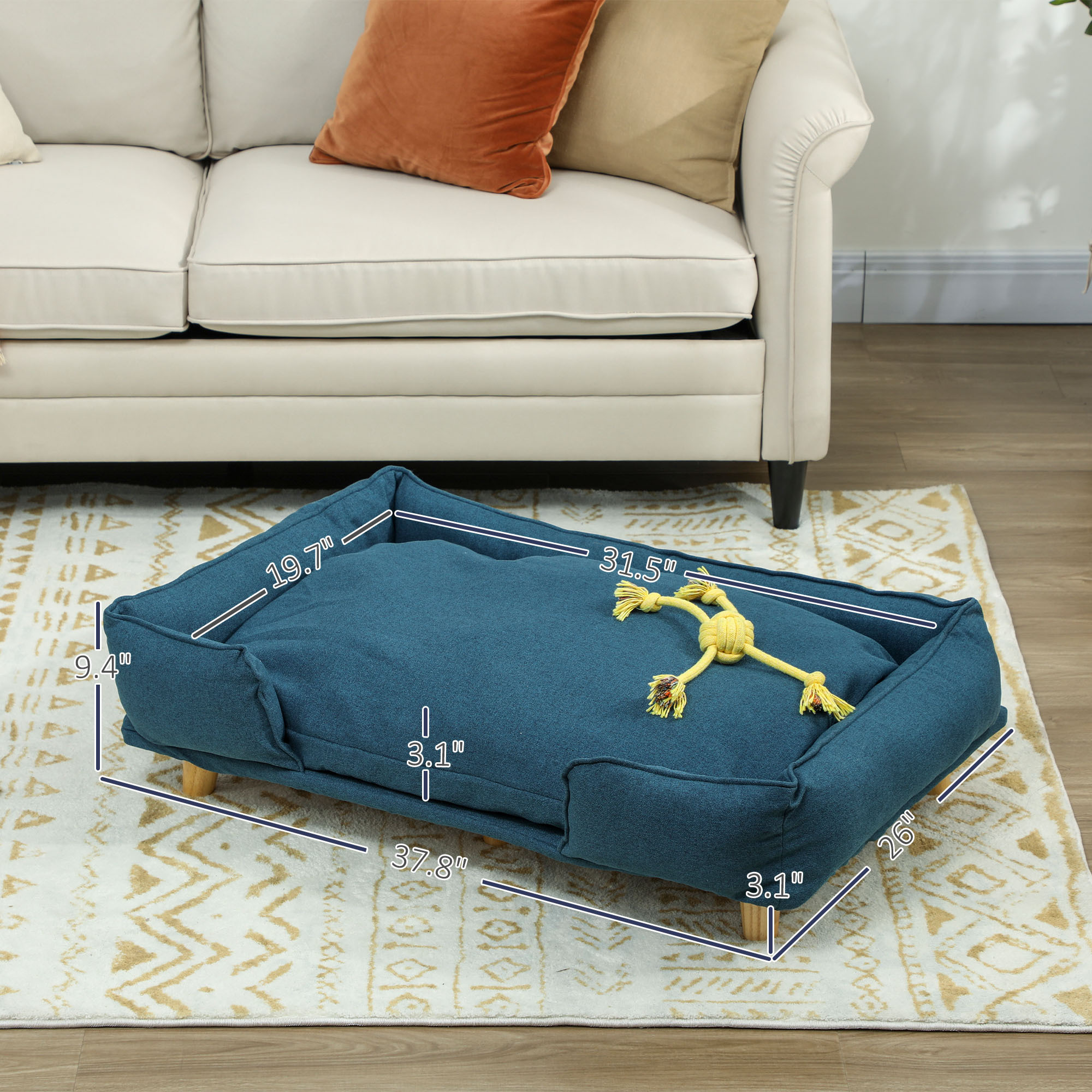 Raised Dog Couch with Comfortable Cushion, Pine Wood Legs, Foot Pads for Large-Sized Dogs Indoor Use, Dark Blue - Image 4