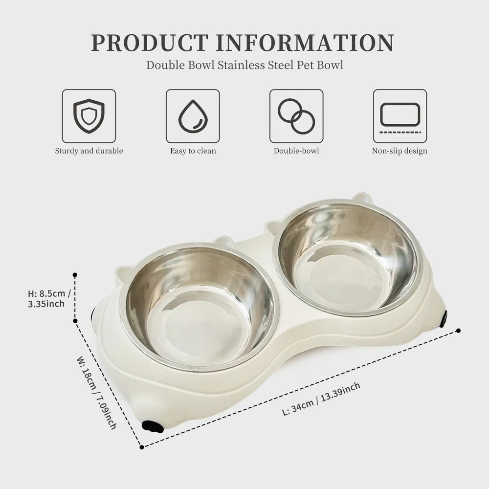 Anti Slip Base Double Cat Food Bowl, White Stainless Steel Food And Water Bowl, Easy To Clean And Detachable Design, Cat And Dog Pet Feeder - Image 5
