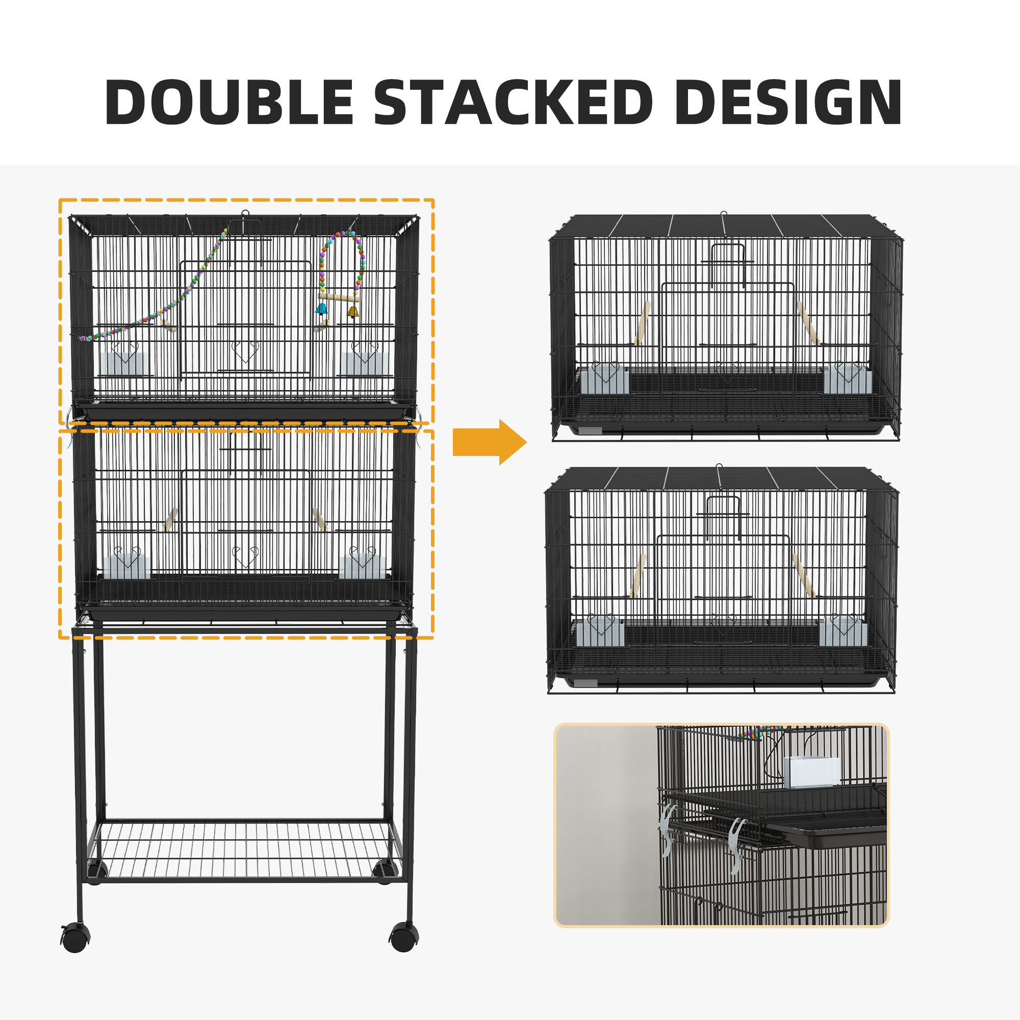 Double Stackable Bird Cage on Wheels w/ Stand, for Canaries - Image 3