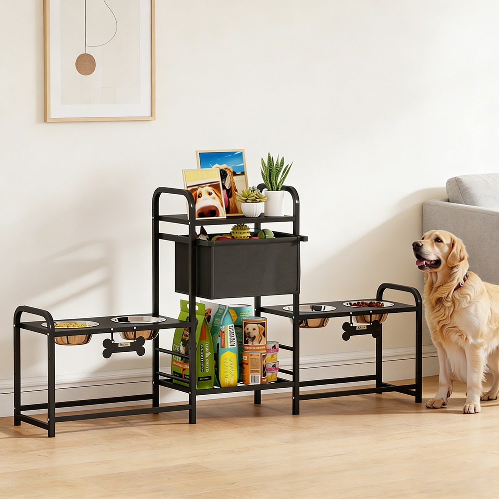 3 Height Adjustable Dog Bowl Stand Oxford Fabric With Features Four  Bowls, Toy Bin Basket