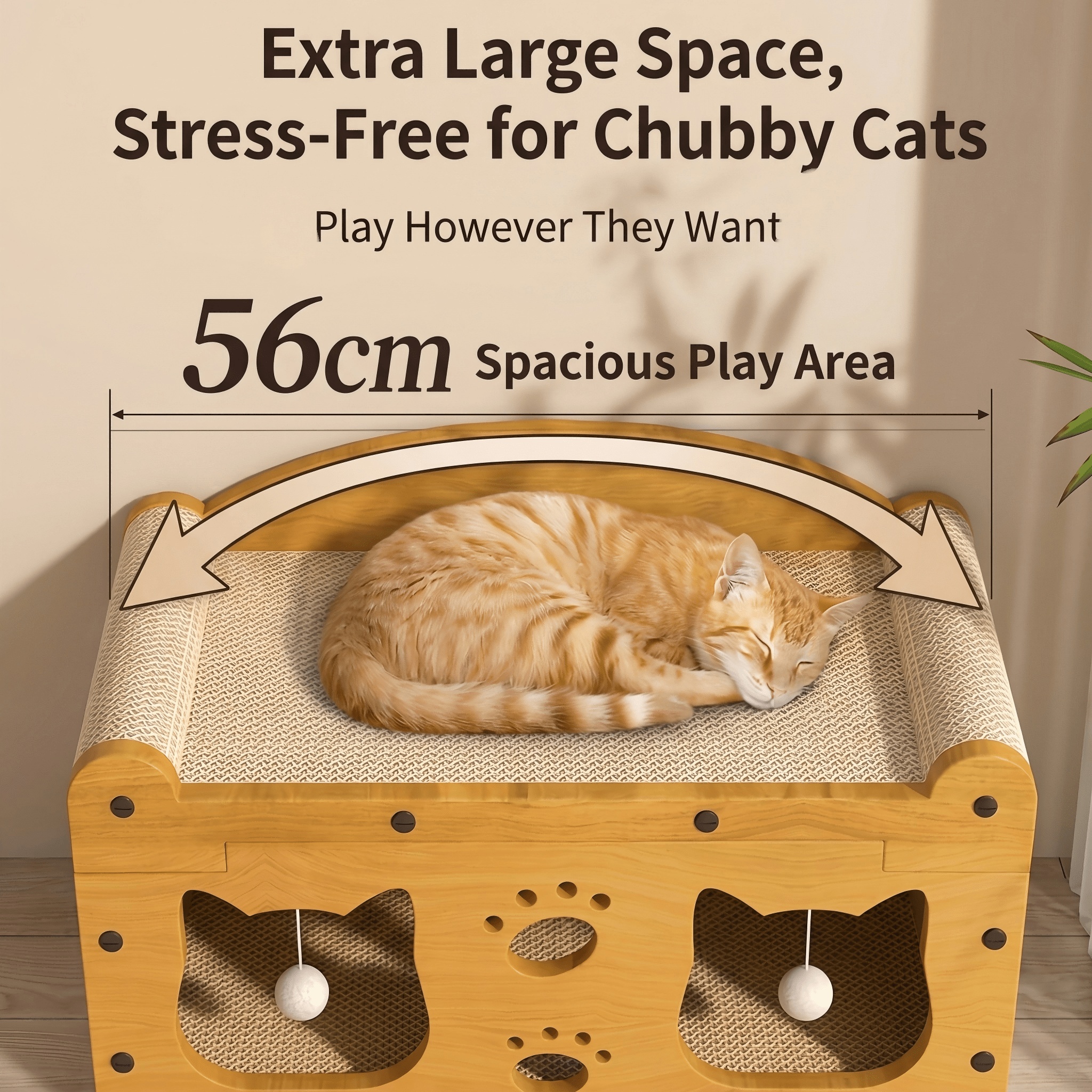 Multi-Style Double-Layer Cat Scratcher House, 2-Tier Large Cat Villa Bed With Corrugated Cardboard, Interactive Hanging Balls & Ergonomic Neck Support, Furniture-Saving Hideaway Cave For Indoor Cats - Image 2