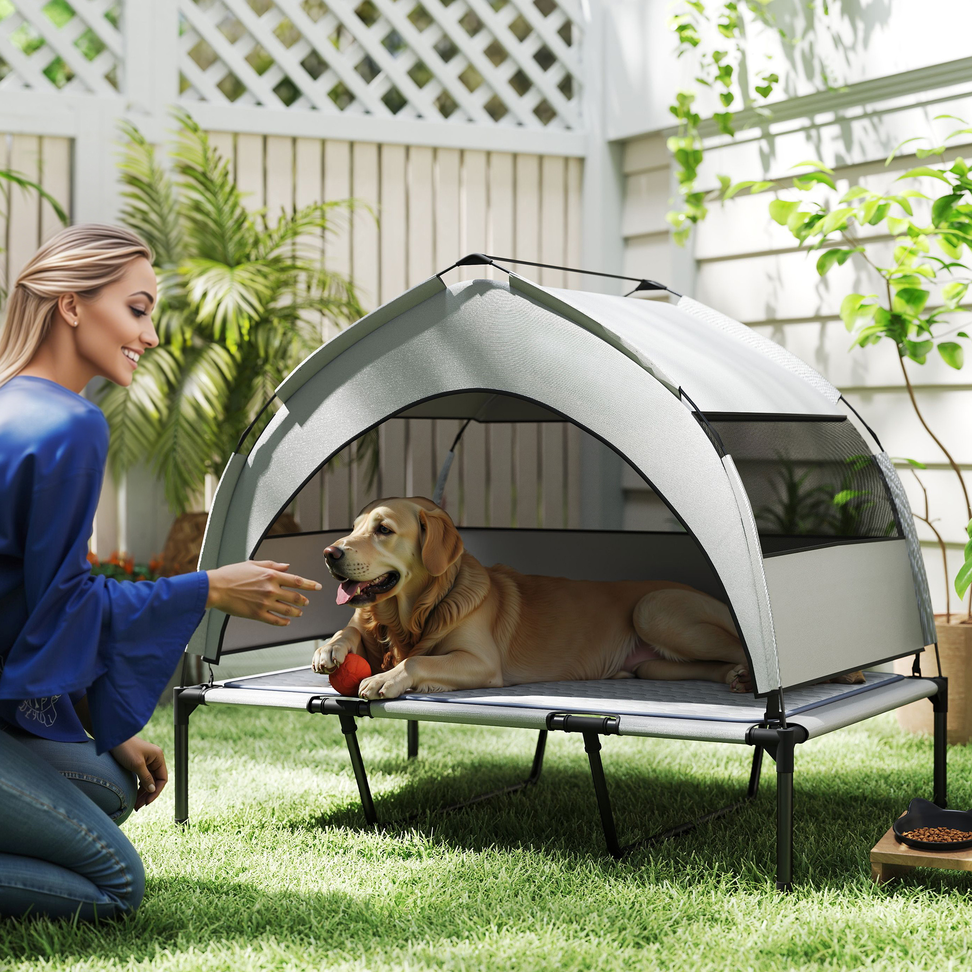 Elevated Dog Bed with Removable Canopy, Portable Outside Raised Pet Cot with Cooling Pad, Storage Bag, 42" x 30" x 37" - Image 6