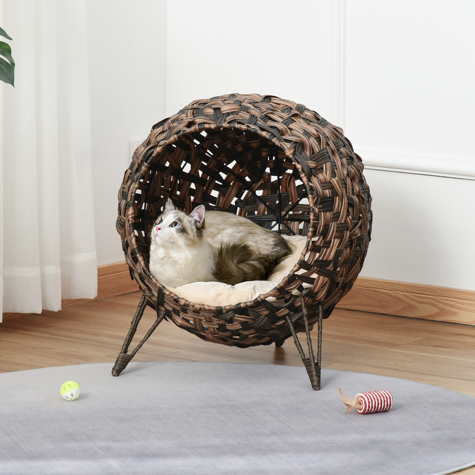 20.5" Weaved Cat Bed, Elevated Hand-woven Braided Banana Leaf Kitten House Condo with Cushion, Brown - Image 7