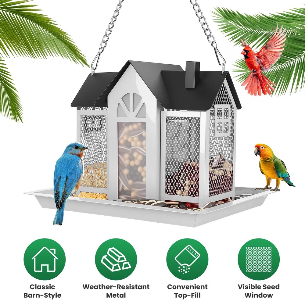 Metal Hanging Bird Feeder House Classic Barn Bird Feeder House Iron Hanging Outdoor Feeder With Visible Window And Lift Top Lid 15.75in Hanging Length Wild Birds Garden Yard Red&White - Image 5