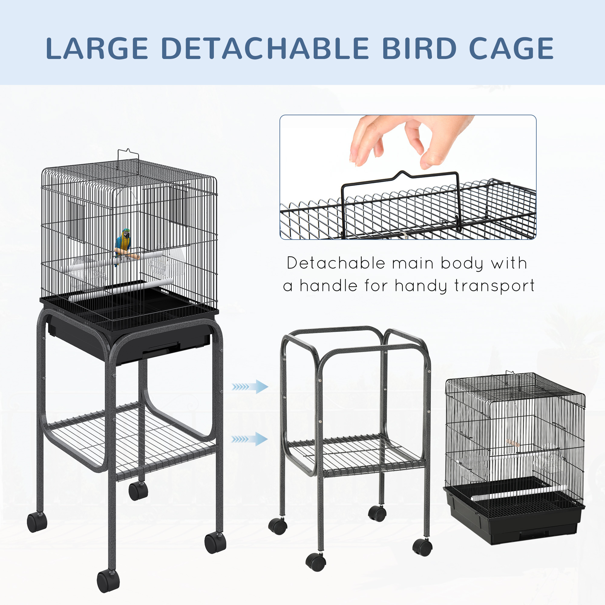 45-inch Metal Indoor Bird Cage, Parrot Cage, Bird Aviary with Detachable Rolling Stand, Storage Basket, and Accessories - Black - Image 5