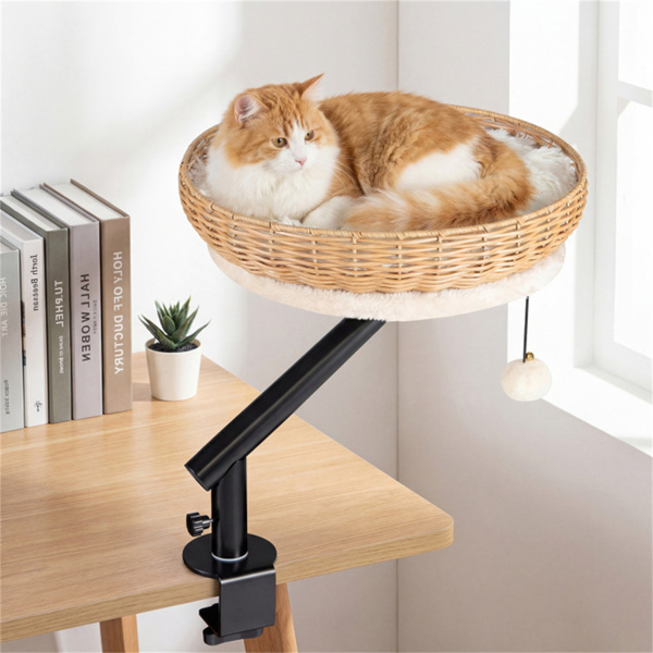 360 Rotatable Desktop Cat Bed Perch, 2-in-1 Workspace Cat Retreat With Jingling Ball Natural Black White - Image 4