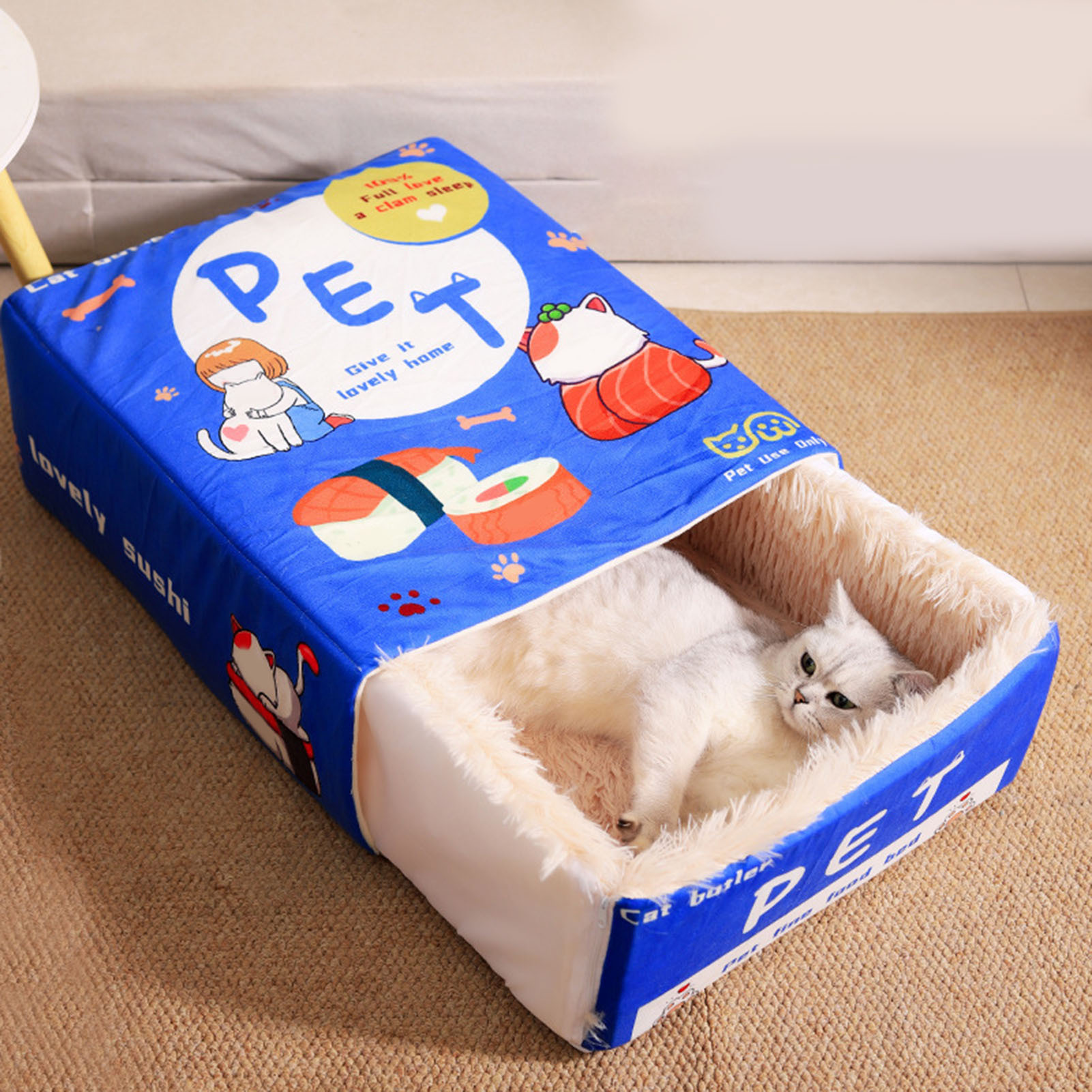 Snack Box Cat Bed Cartoon Rectangular Fully Enclosed Four Season Universal Multifunctional Soft Pet Bed For Home Travel Blue - Image 4