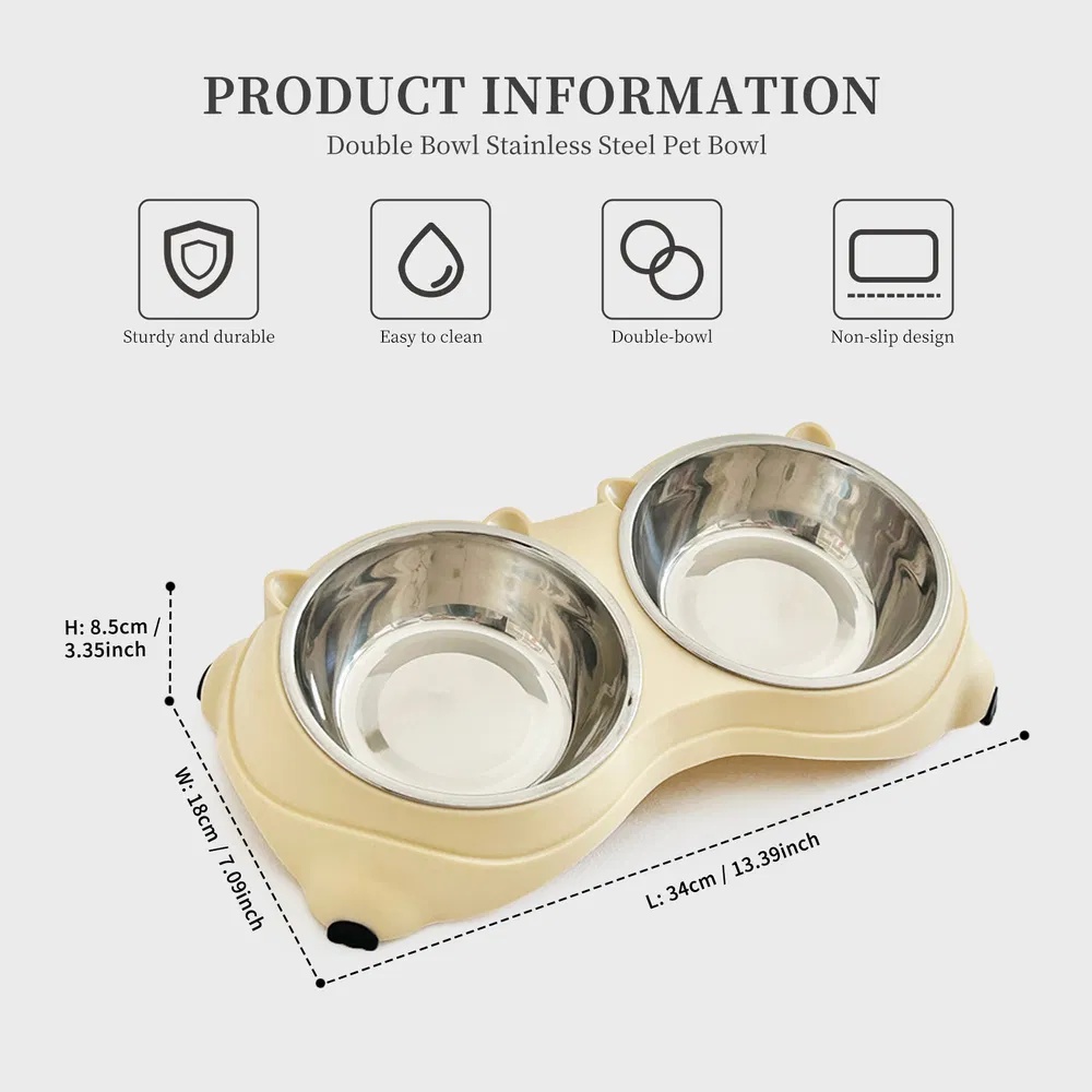 Anti Slip Base Double Cat Food Bowl, Yellow Stainless Steel Food And Water Bowl, Easy To Clean And Detachable Design, Cat And Dog Pet Feeder - Image 5