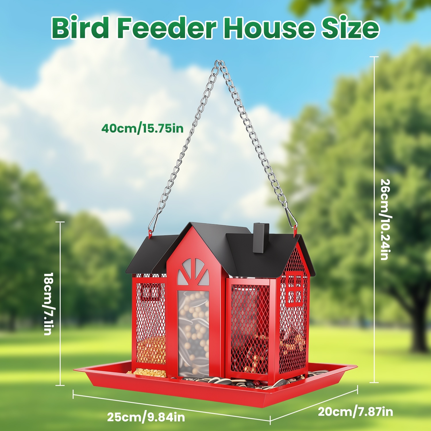 1Pc Metal Hanging Bird Feeder House Classic Barn Bird Feeder House Iron Hanging Outdoor Feeder With Visible Window And Lift Top Lid 15.75in Hanging Length Wild Birds Garden Yard - Image 4