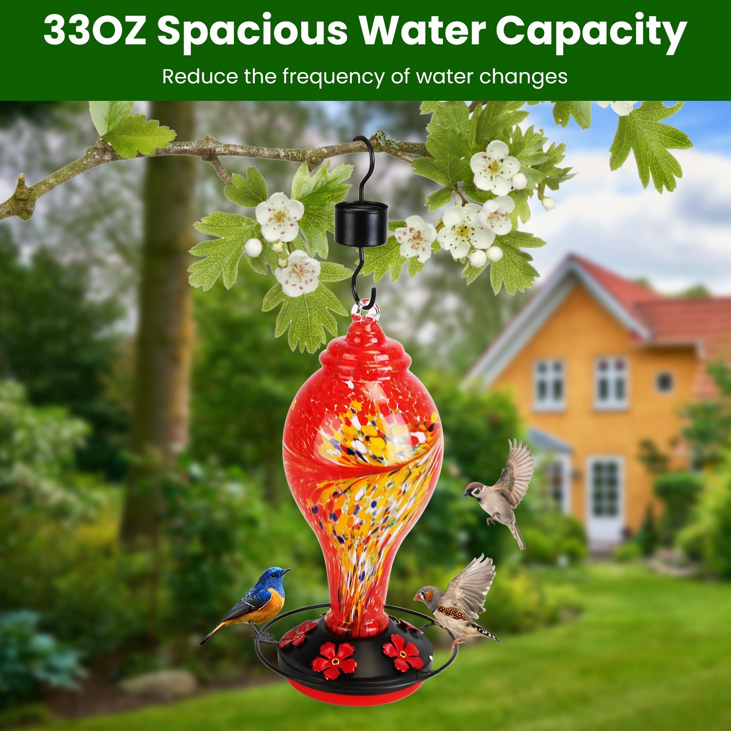 1Pc Glass Hummingbird Feeder 33OZ Hand Blown Hummingbird Feeder With 5 Flower Feeding Port Perch Ant Moat Hanging Hook S Hook Hemp Rope Cleaning Brush For Garden Decor - Image 9