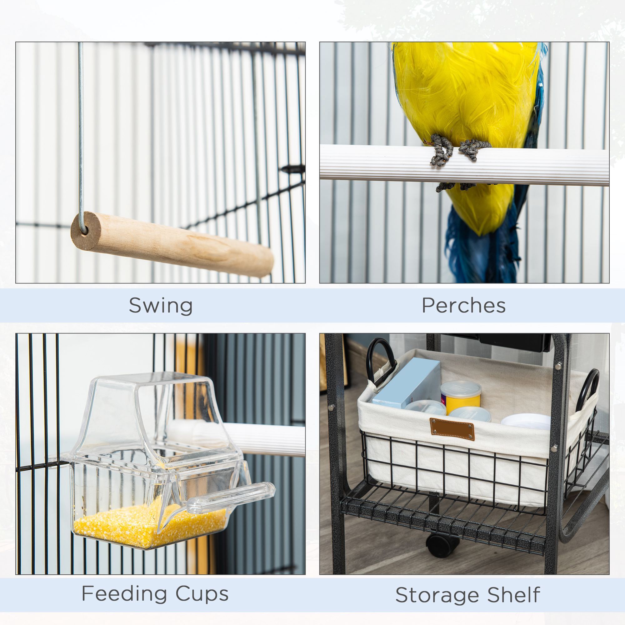 45-inch Metal Indoor Bird Cage, Parrot Cage, Bird Aviary with Detachable Rolling Stand, Storage Basket, and Accessories - Black - Image 4
