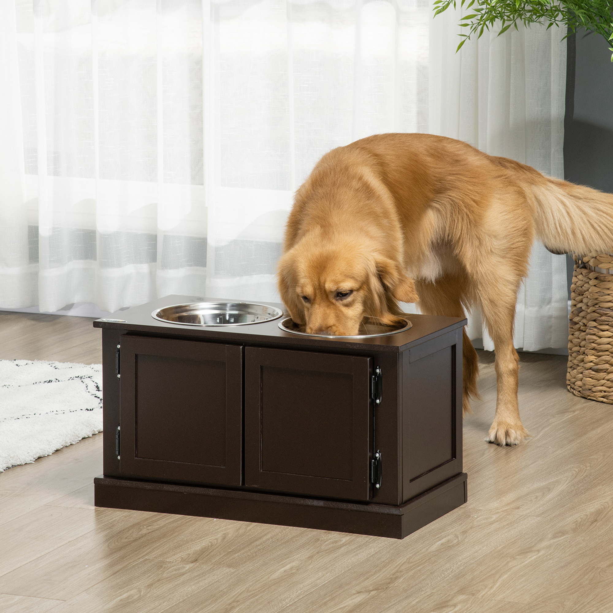 Elevated Dog Bowls with Storage, Two Stainless Steel Bowls for Large Dogs, Coffee - Image 3