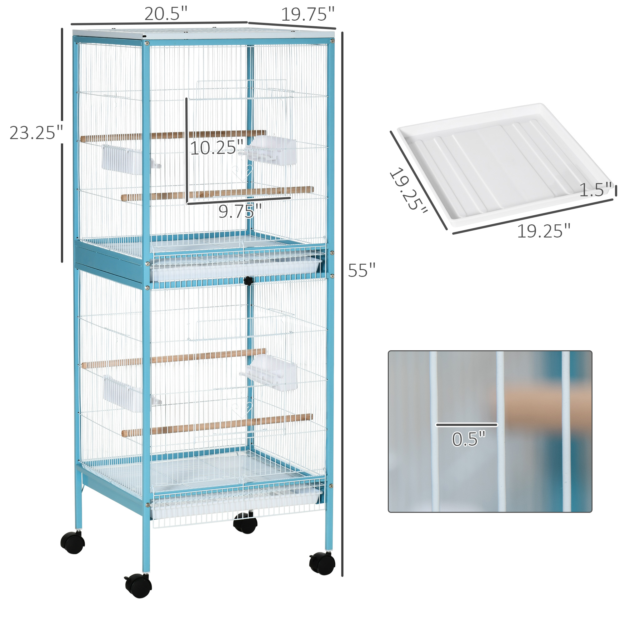 55" 2 In 1 Bird Cage Aviary Parakeet House for finches, budgies with Wheels, Light Blue - Image 4