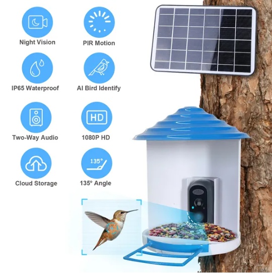 Smart Bird Feeder With Solar Powered Camera 1080P HD AI Identify PIR Motion Auto Capture Video Cloud Card Storage WiFi Connection App Control IP65 Waterproof - Image 4