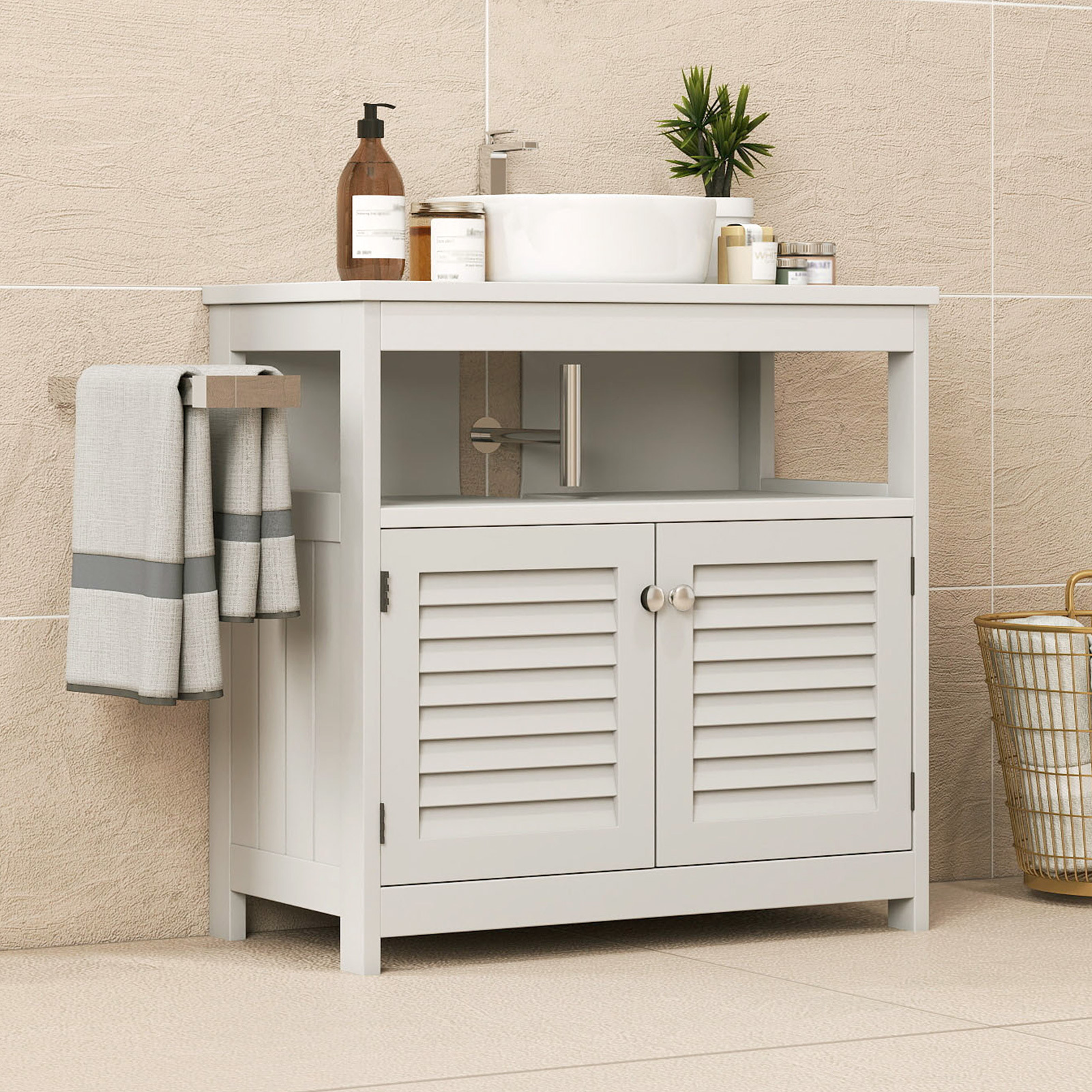 Wall Mounted Sink Plumbing Under Sink Storage Cabinet With 2 Doors Open Shelf U Shape Cut Out Wall Mounted Drainage Bathroom Under Sink Vanity For Toiletries Makeup - Image 3