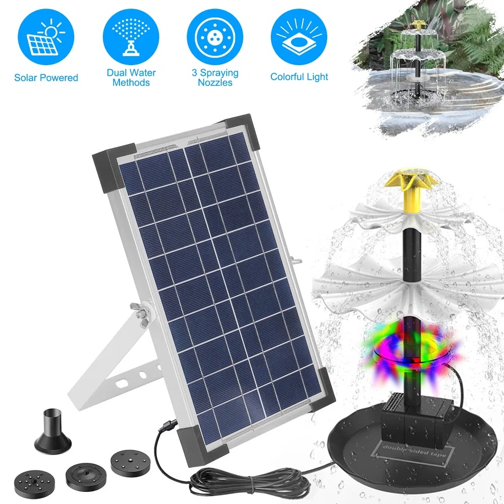 3-Tier Solar Bird Bath Fountain Solar Powered Water-Pump Waterfall Feature With Colorful Light 3 Nozzles 6W Solar Panel For Bird Bath Patio Yard Pond Garden - Image 6
