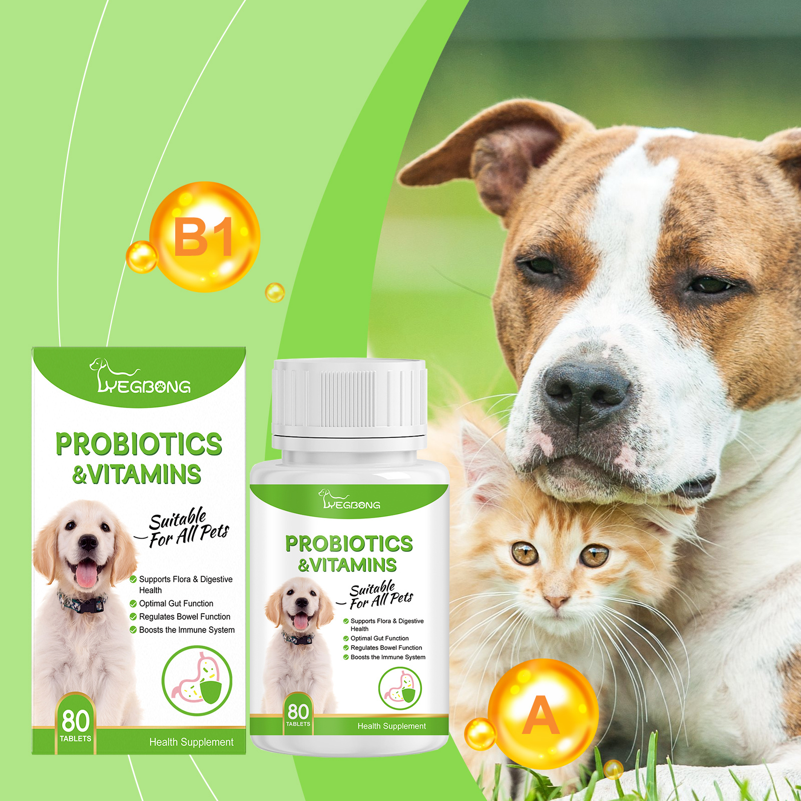 Pet Probiotics & Vitamin Tablets For Dogs & Cats, Gut Health Supplement, Support Digestion & Immune System, 80 Chewable Tablets - Image 5