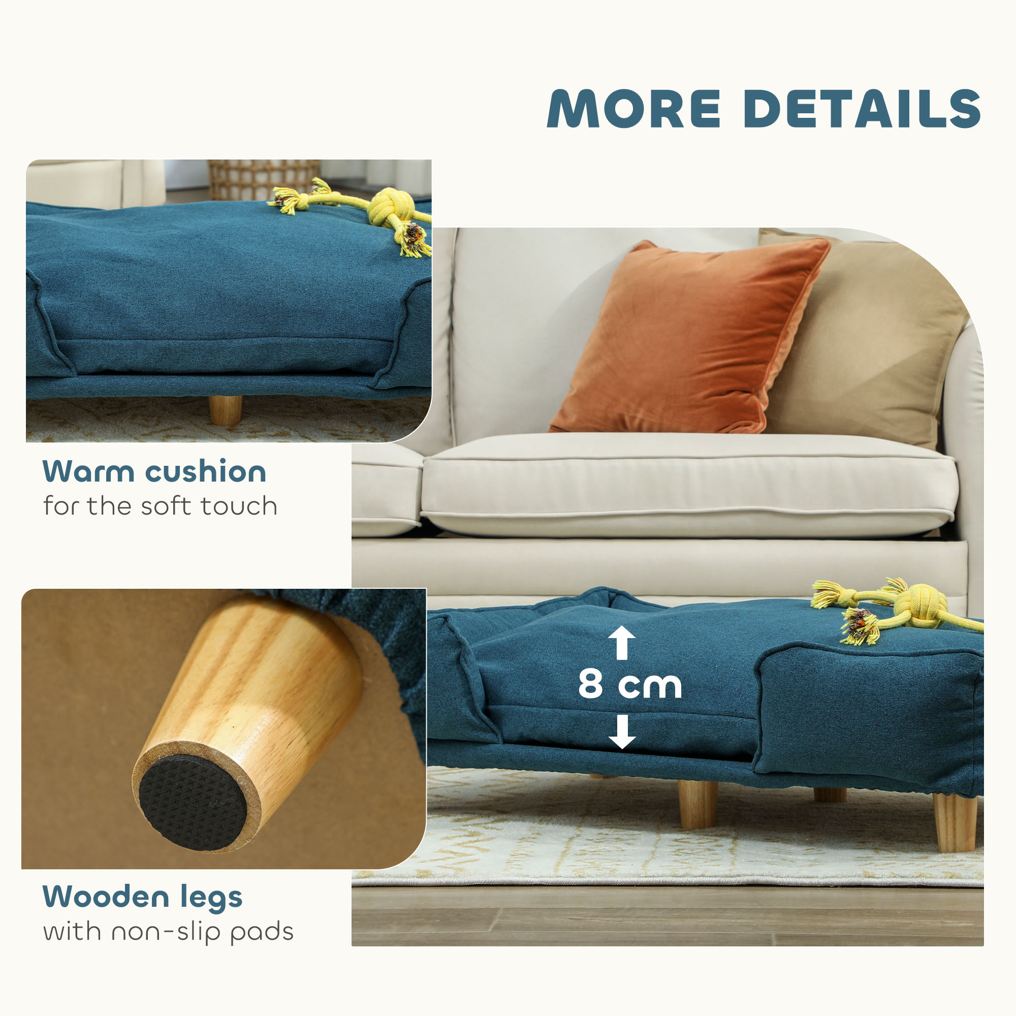 Raised Dog Couch with Comfortable Cushion, Pine Wood Legs, Foot Pads for Large-Sized Dogs Indoor Use, Dark Blue - Image 3