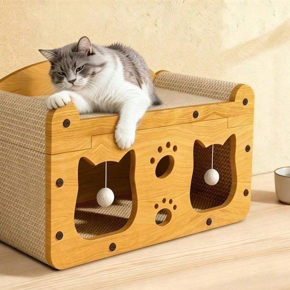 Multi-Style Double-Layer Cat Scratcher House, 2-Tier Large Cat Villa Bed With Corrugated Cardboard, Interactive Hanging Balls & Ergonomic Neck Support, Furniture-Saving Hideaway Cave For Indoor Cats - Image 7