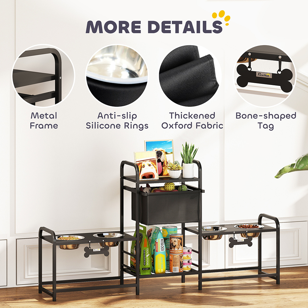 3 Height Adjustable Dog Bowl Stand Oxford Fabric With Features Four Bowls, Toy Bin Basket - Image 3