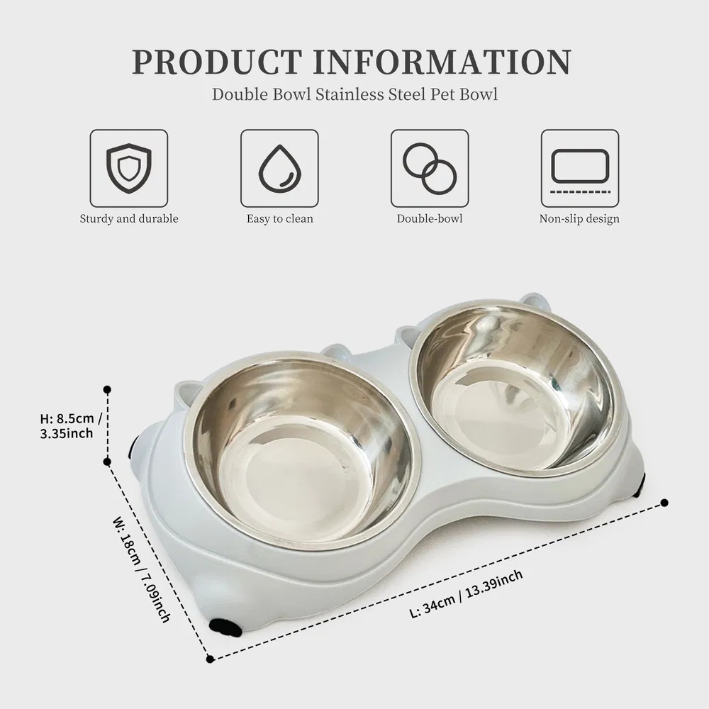 Anti Slip Base Double Cat Food Bowl, Gray Stainless Steel Food And Water Bowl, Easy To Clean And Detachable Design, Cat And Dog Pet Feeder - Image 3