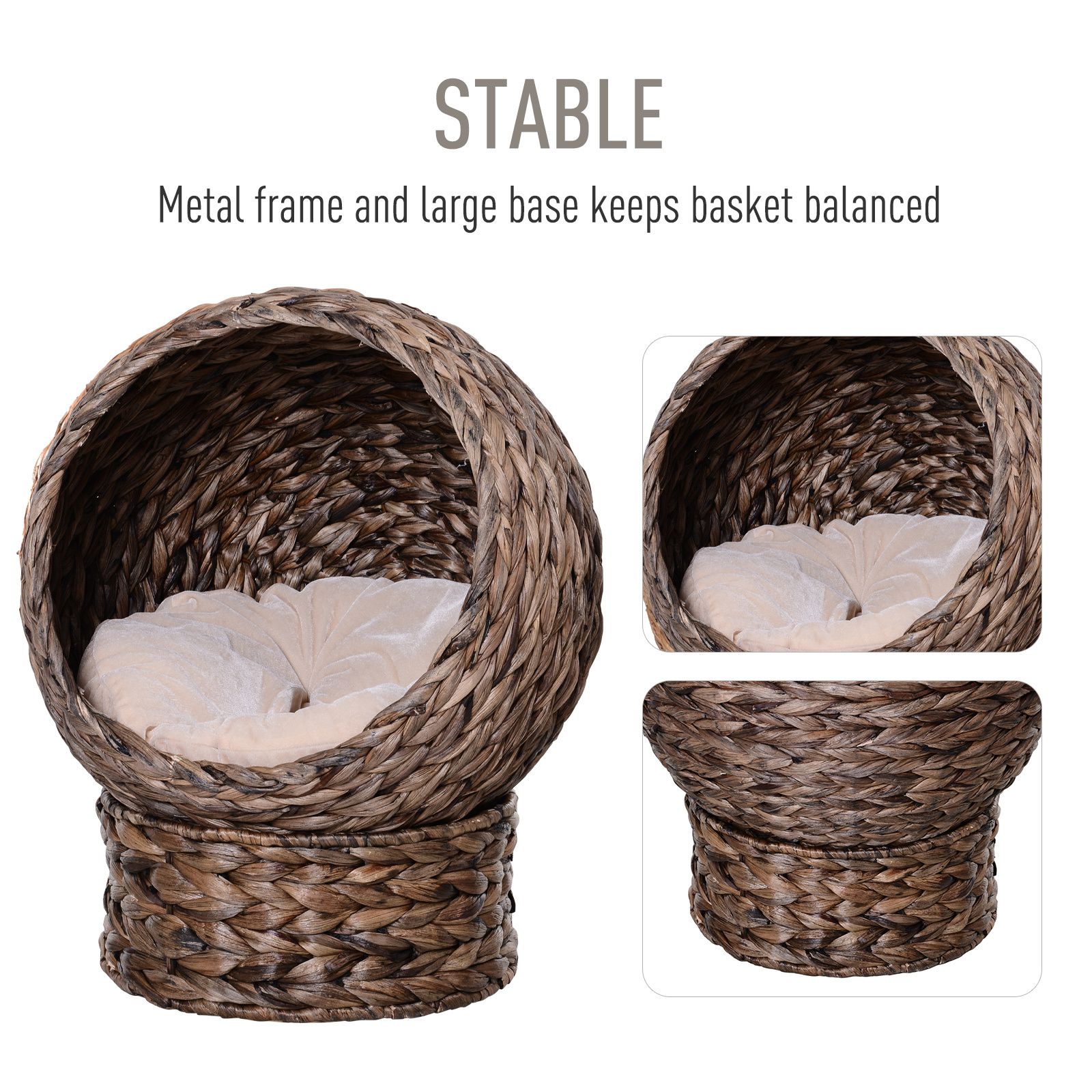 Handwoven Elevated Cat Bed with Rotating Basket and Soft Cushion, Wicker Cat Egg Chair with Stand, Brown - Image 6