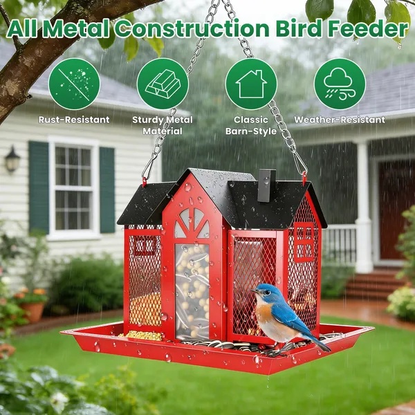 Metal Hanging Bird Feeder House Classic Barn Bird Feeder House Iron Hanging Outdoor Feeder With Visible Window And Lift Top Lid 15.75in Hanging Length Wild Birds Garden Yard Red&White - Image 2