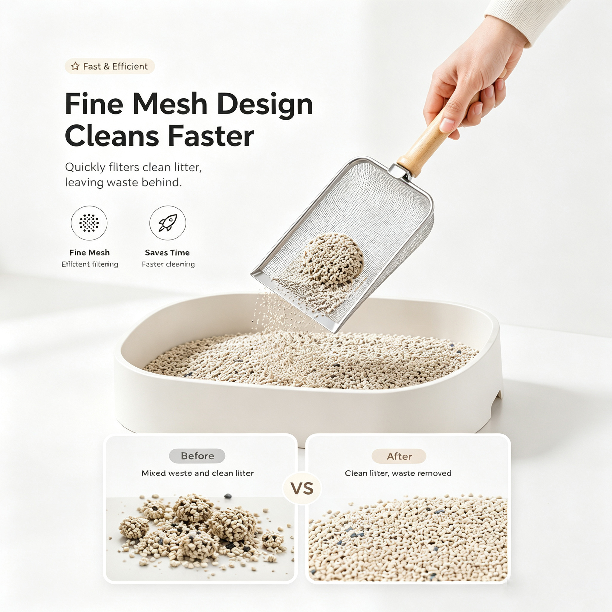 Stainless Steel Cat Litter Scoop With Fine Mesh Sifter, Durable Metal Litter Scooper With Ergonomic Wooden Handle, Heavy Duty Kitty Litter Shovel For Easy Cleaning - Image 2