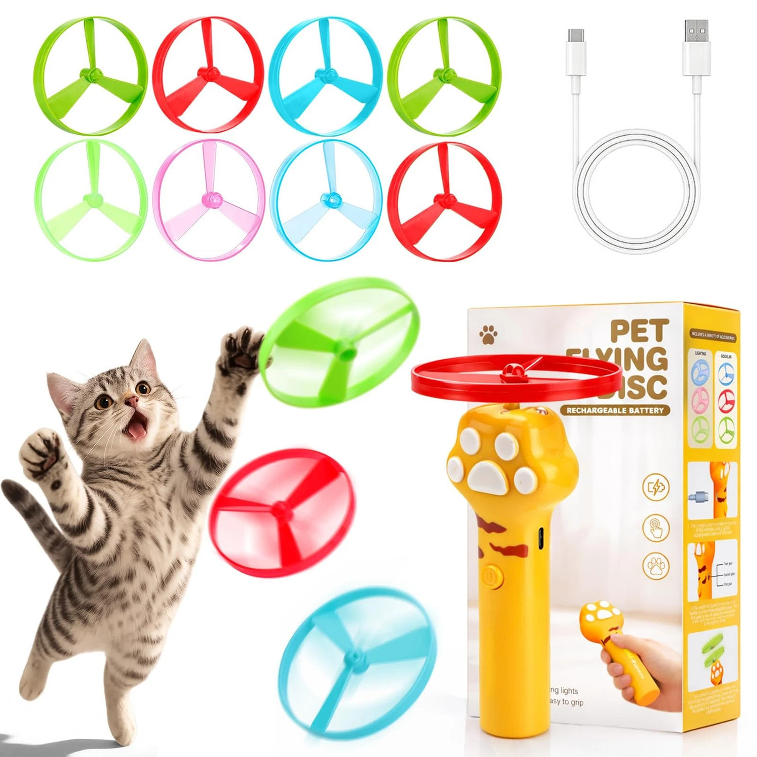 Cat Fetch Toy Flying Disc Launcher Rechargeable Interactive Cat Toys & 10 Discs - Image 10