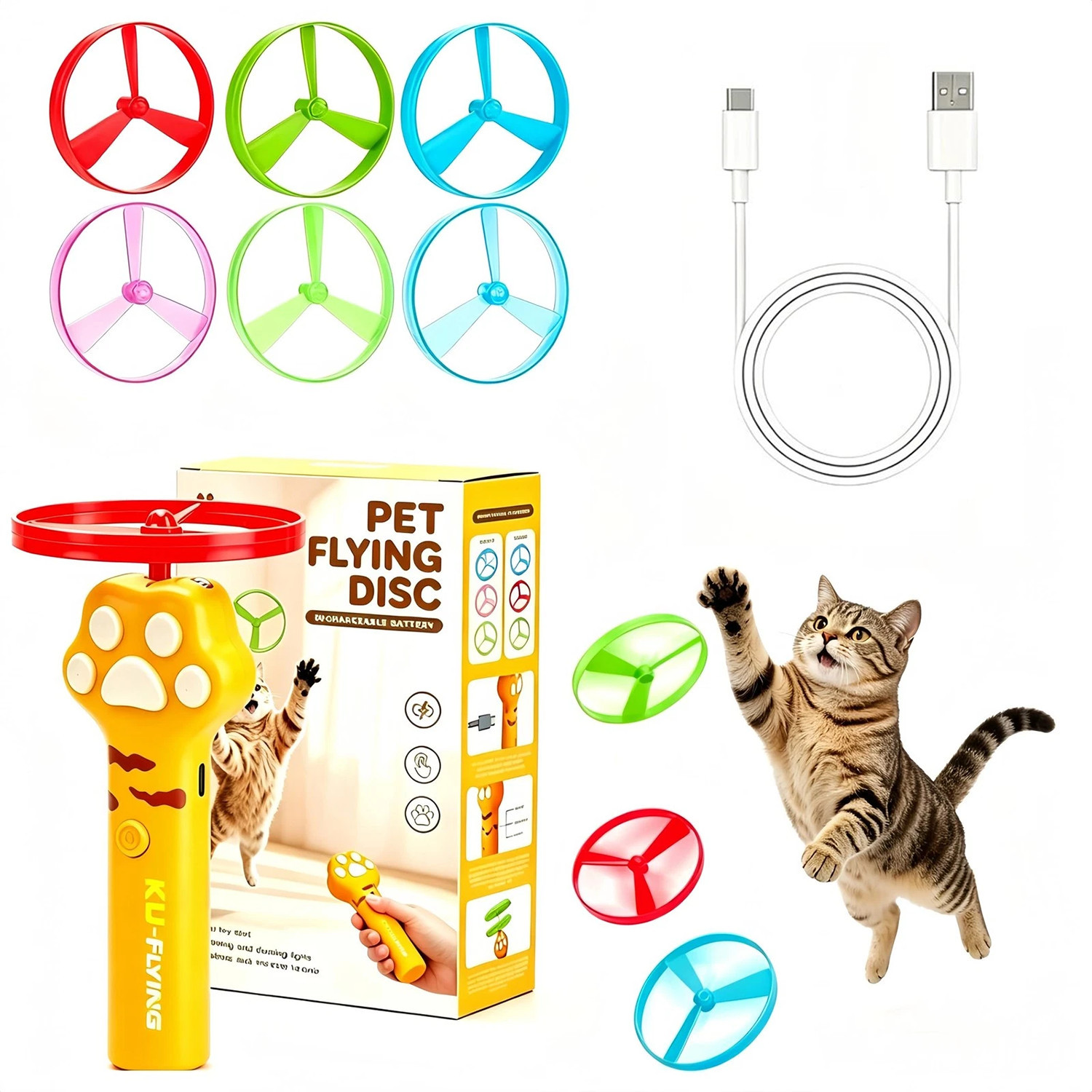 Cat Fetch Toy Flying Disc Launcher Rechargeable Interactive Cat Toys & 10 Discs - Image 9