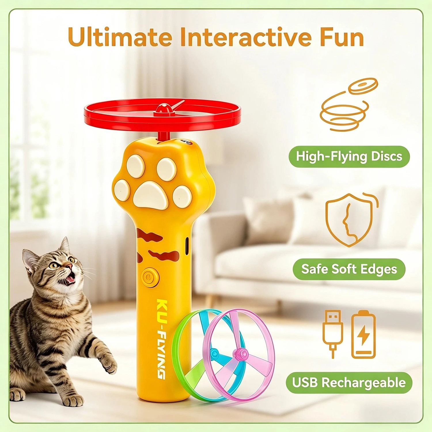 Cat Fetch Toy Flying Disc Launcher Rechargeable Interactive Cat Toys & 10 Discs - Image 2